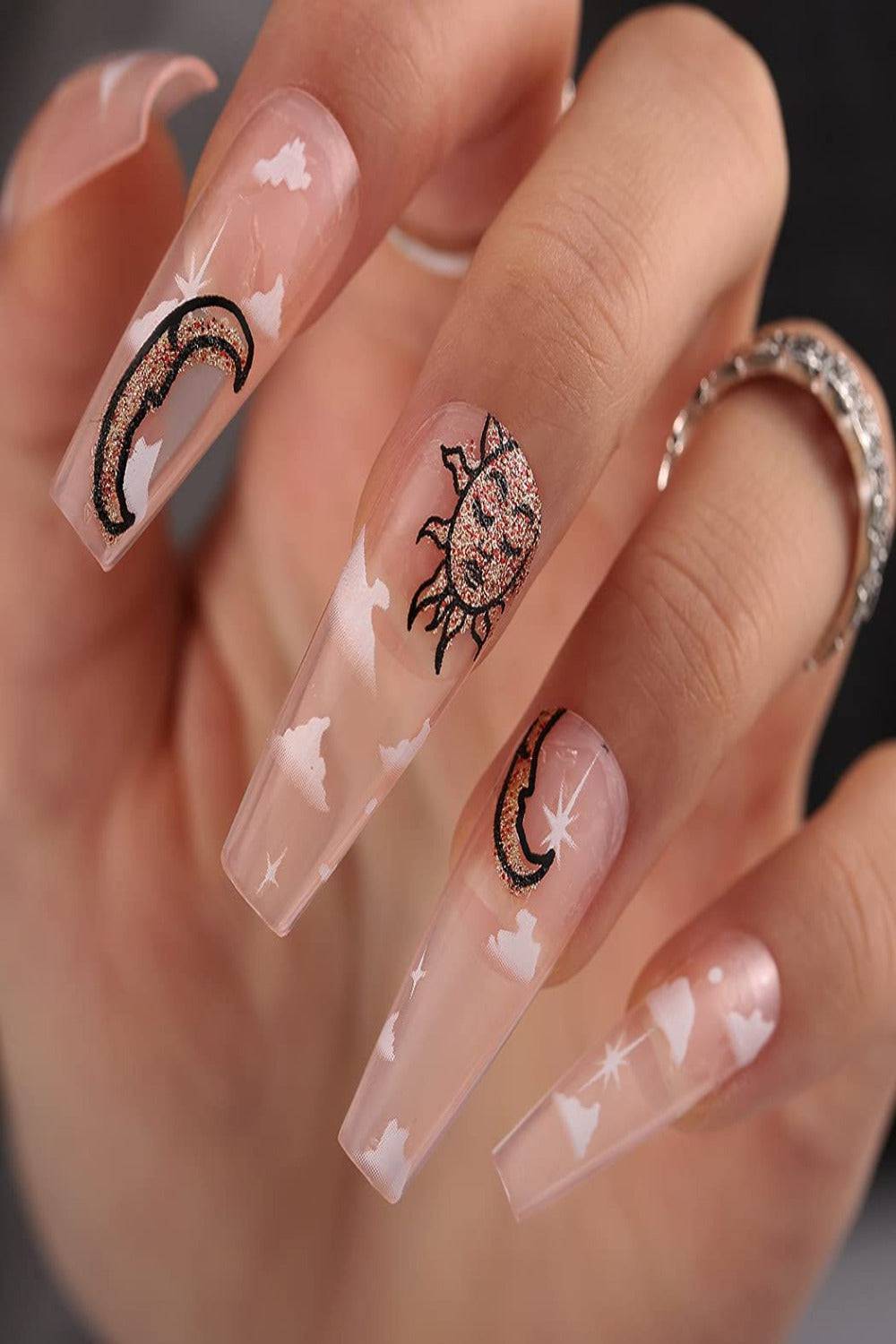 Clear Press On Nails Sun And Moon Glossy Coffin Cloud Nail Kit - TGC Boutique - Press On Nails