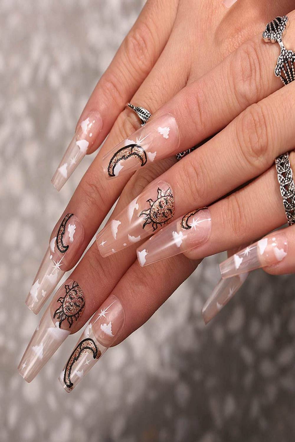 Clear Press On Nails Sun And Moon Glossy Coffin Cloud Nail Kit - TGC Boutique - Press On Nails