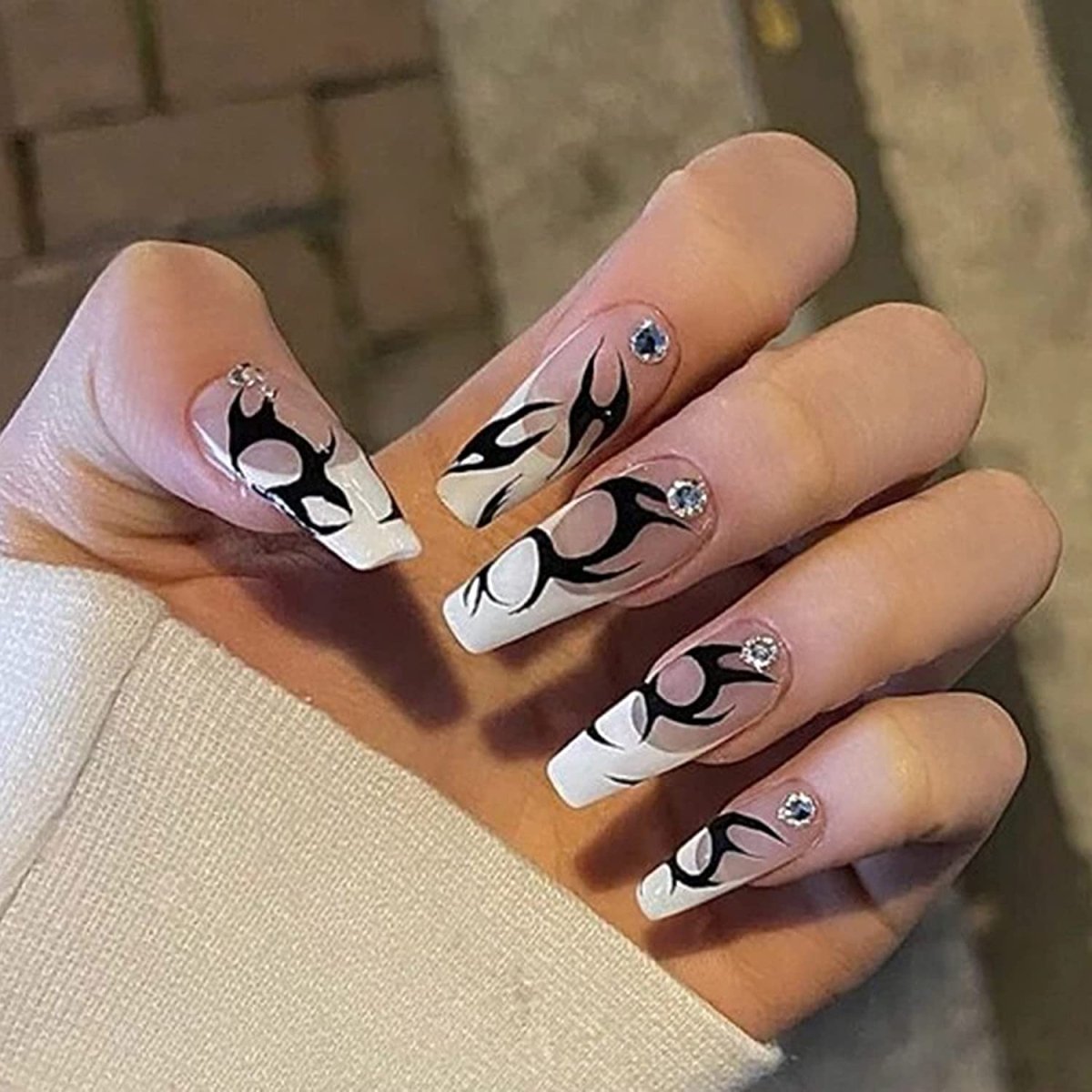 Clear Press On Nails White French Glossy Coffin Crystal Nail Kit - TGC Boutique - Press On Nails