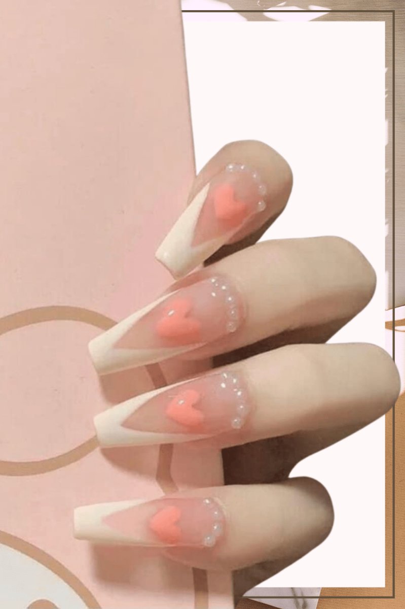 Clear Press On Nails White French Glossy Coffin Heart Nail Kit - TGC Boutique - Press On Nails