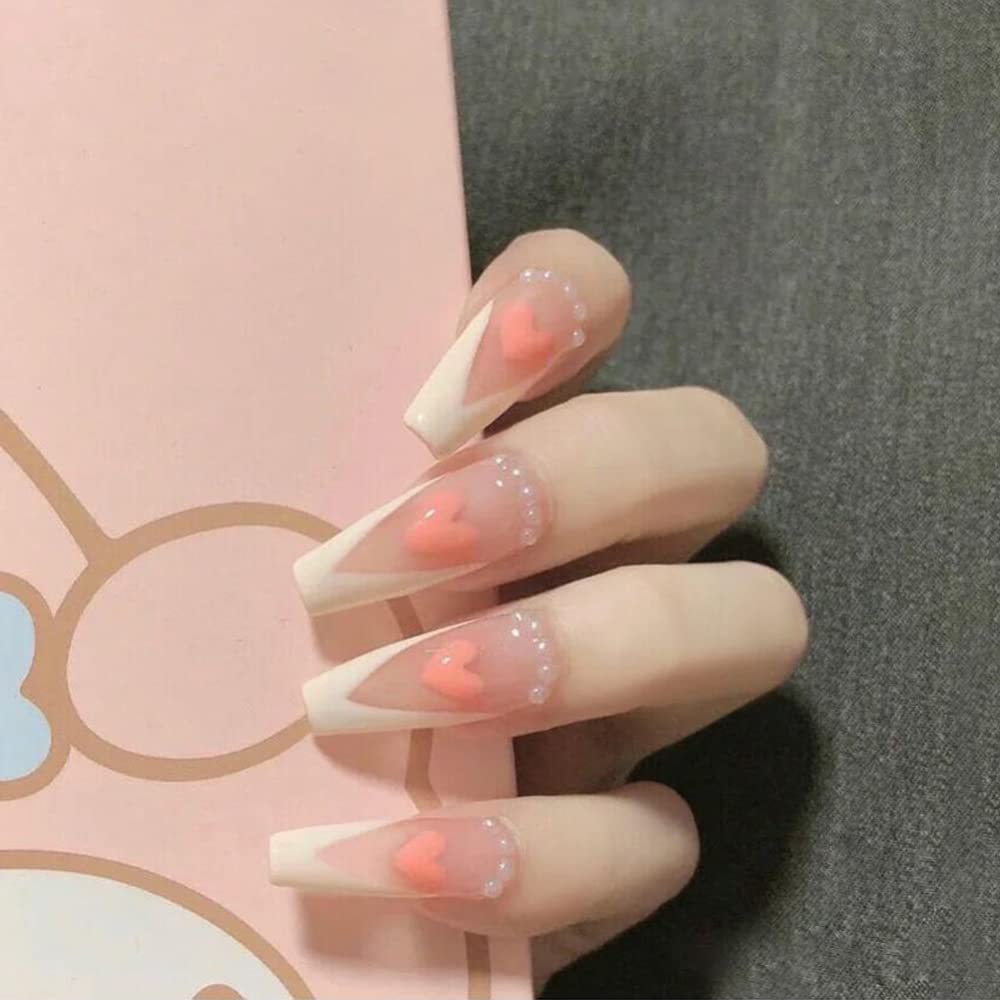 Clear Press On Nails White French Glossy Coffin Heart Nail Kit - TGC Boutique - Press On Nails