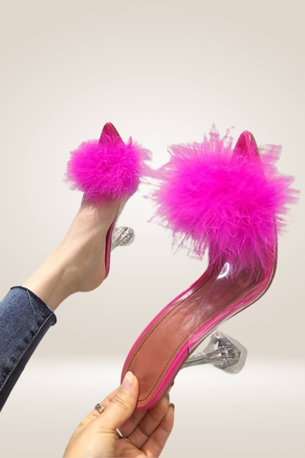 Clear Stiletto High Heel Pink Fur Sandals - TGC Boutique - Pink Heels
