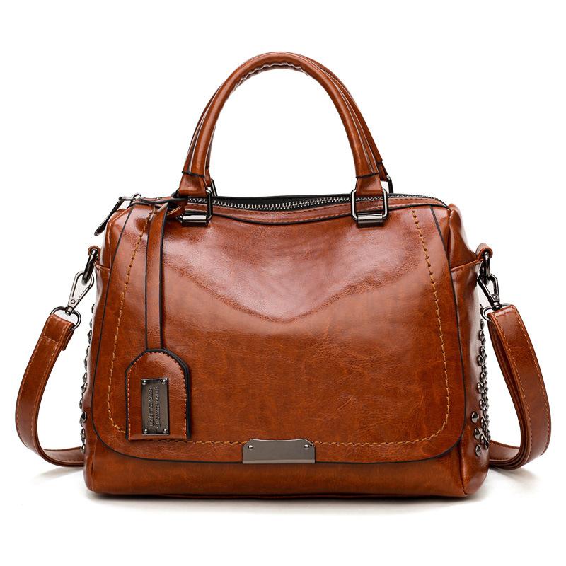Cognac Chic Brown Vegan Leather Satchel with Studded Detail - TGC Boutique - Satchel Bag
