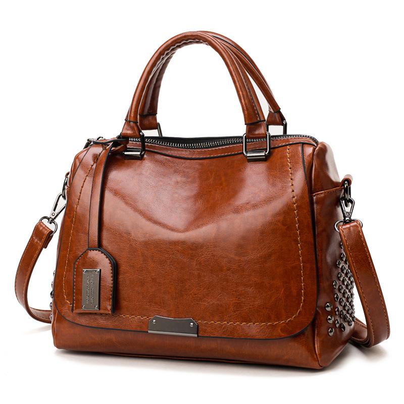 Cognac Chic Brown Vegan Leather Satchel with Studded Detail - TGC Boutique - Satchel Bag