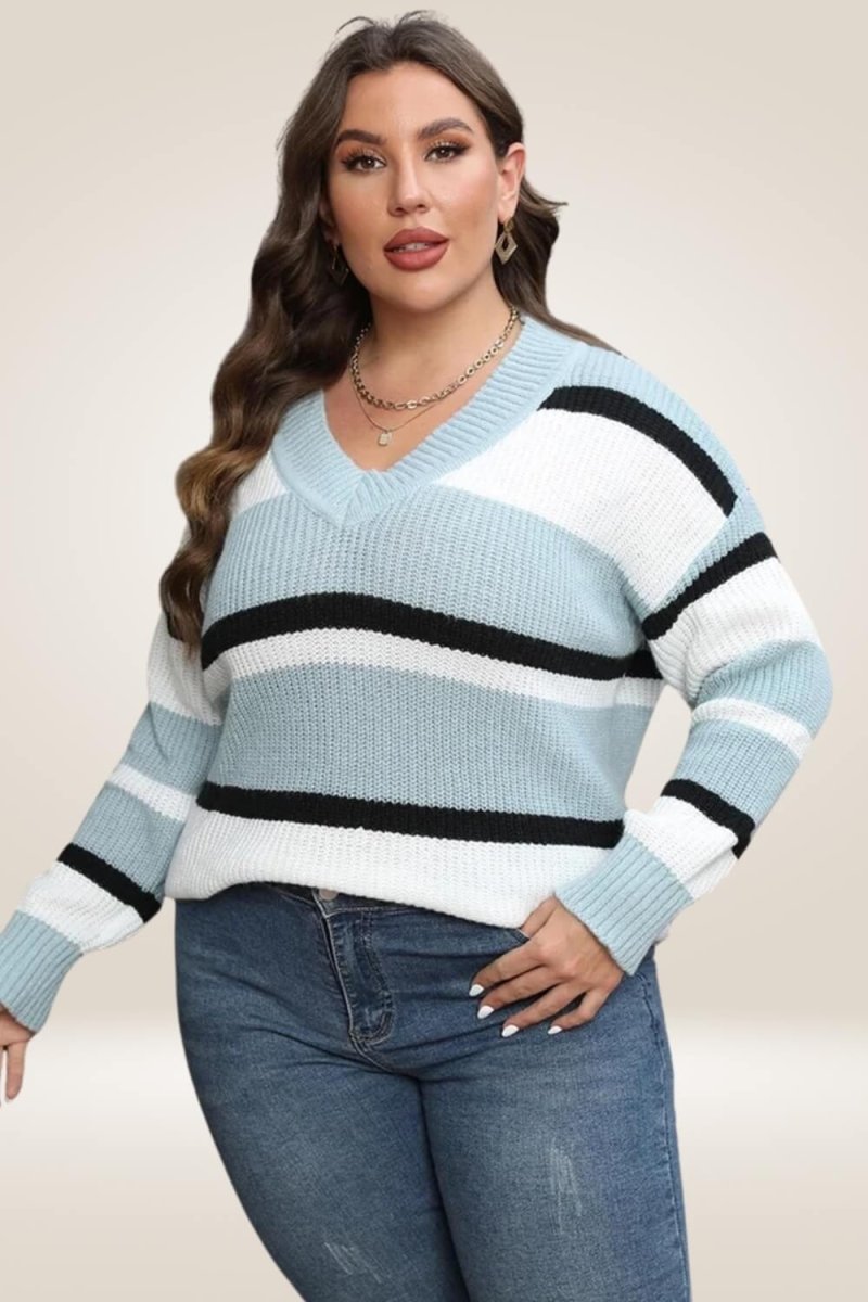 Color Block Striped Plus Size Sweater - TGC Boutique - Sweater