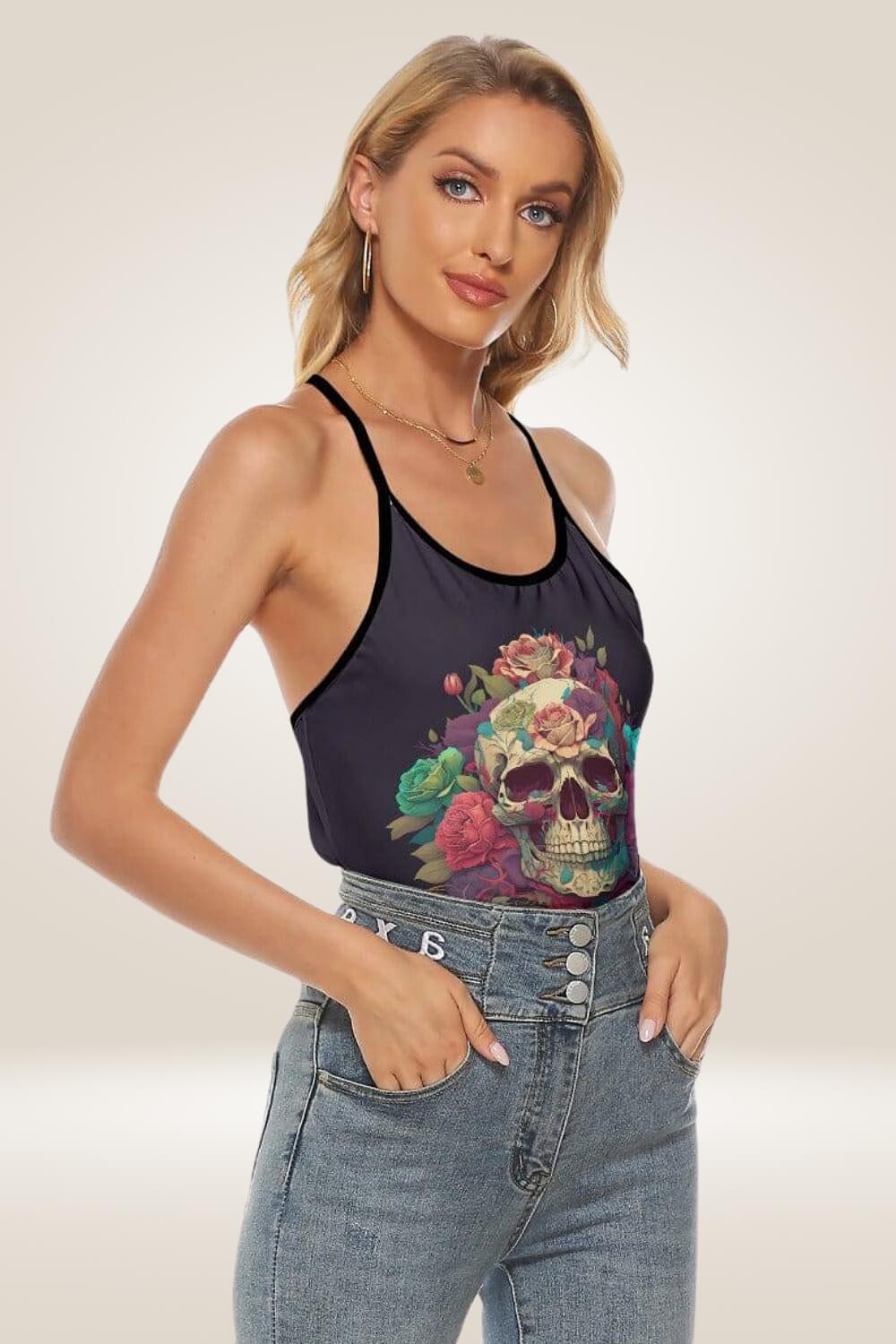 Colorful Skull Open Back Black Tank Top - TGC Boutique - Tank Top