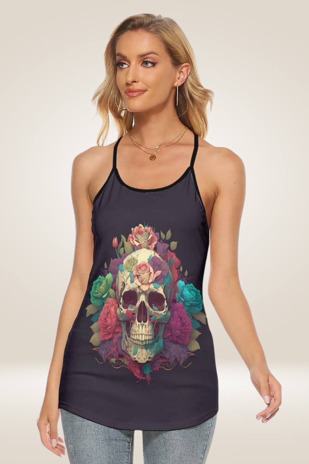 Colorful Skull Open Back Black Tank Top - TGC Boutique - Tank Top
