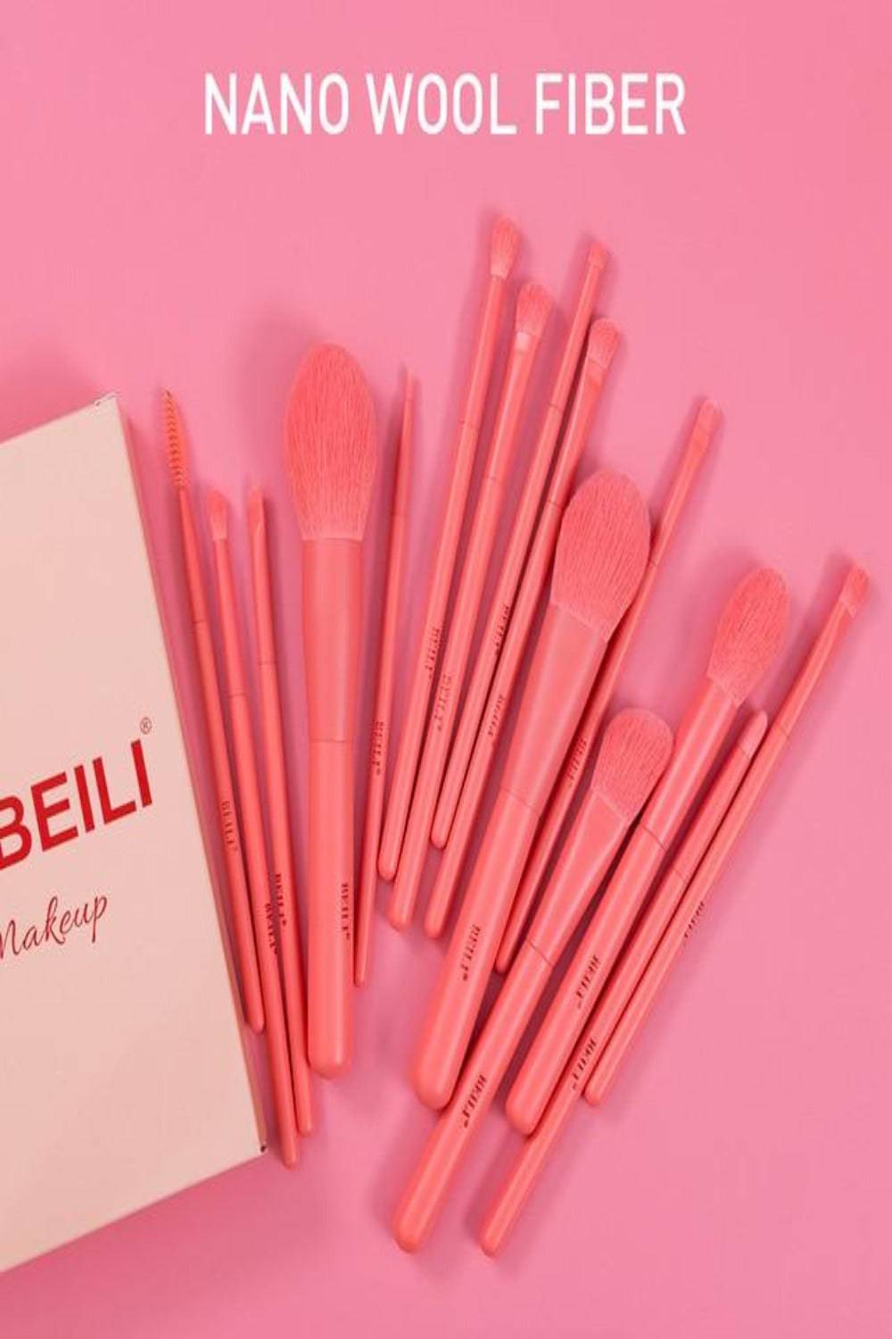 Coral Pink Vegan Nano Wool Fiber Makeup Brush Set - 15 Pcs - TGC Boutique - Makeup Brush Set