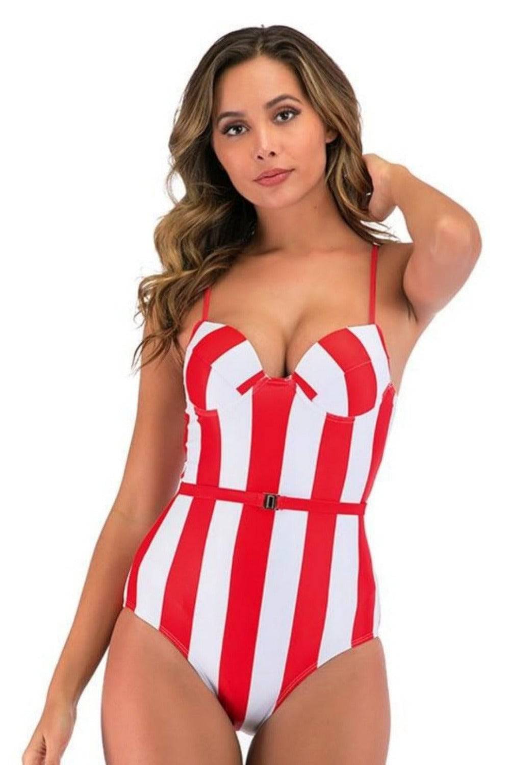 Corset Striped Bandage Plus size Swimsuit - Red - TGC Boutique - Plus Size Swimsuit