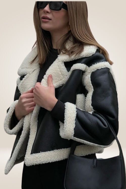 Cropped Black Faux Leather Shearling Jacket - TGC Boutique - Bomber Jacket