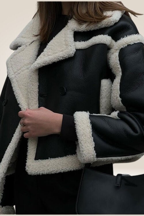 Cropped Black Faux Leather Shearling Jacket - TGC Boutique - Bomber Jacket