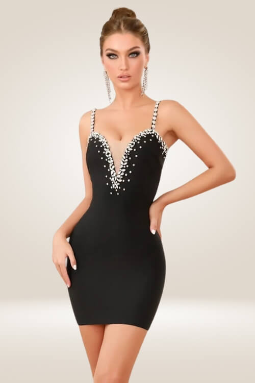 Crystal V-Neck Bodycon Mini Dress - TGC Boutique - Bodycon Dress