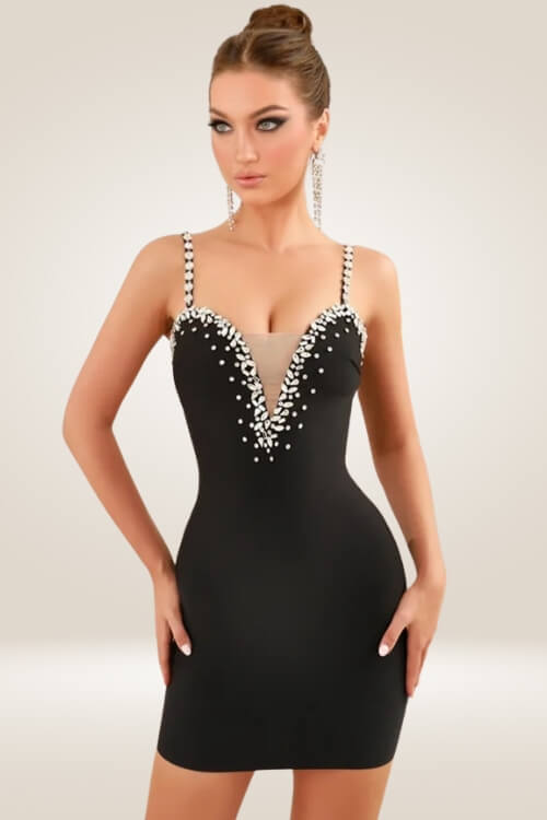 Crystal V-Neck Bodycon Mini Dress - TGC Boutique - Bodycon Dress