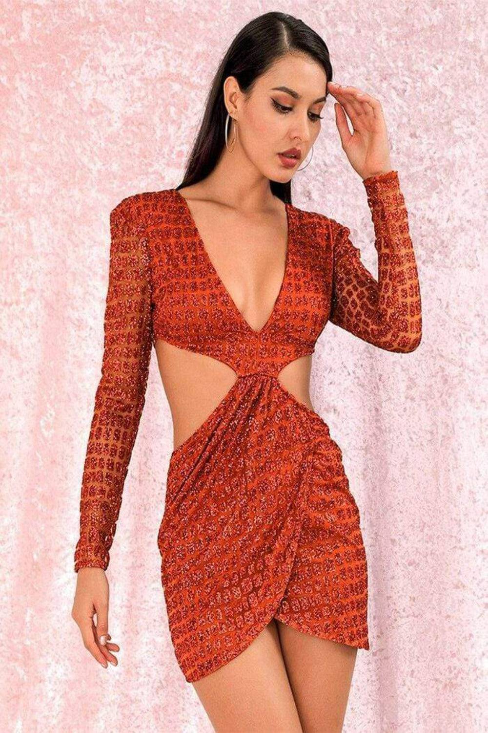 Cut Out Glitter Slim Fit Mini Dress - Orange - TGC Boutique - Mini Dress
