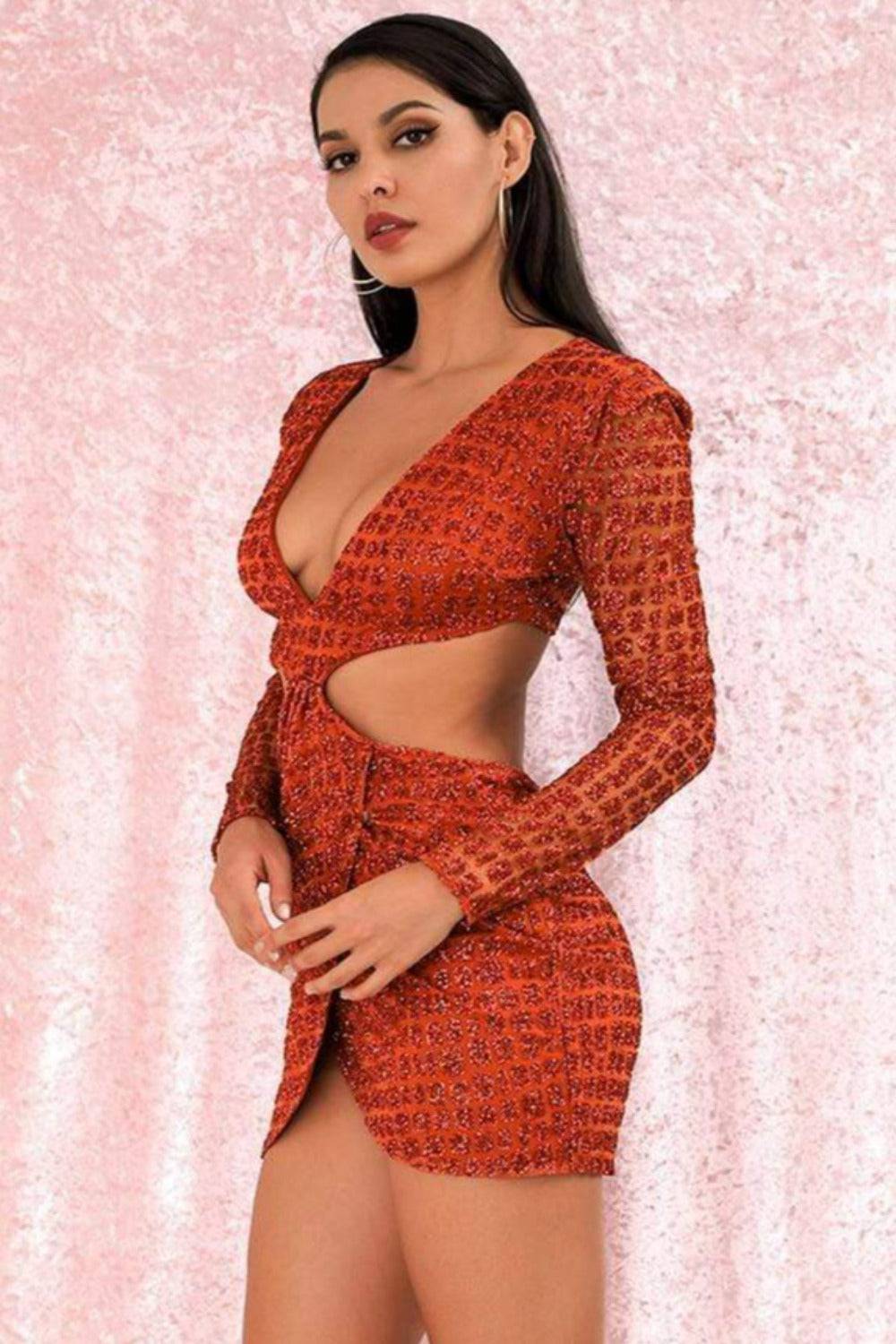Cut Out Glitter Slim Fit Mini Dress - Orange - TGC Boutique - Mini Dress