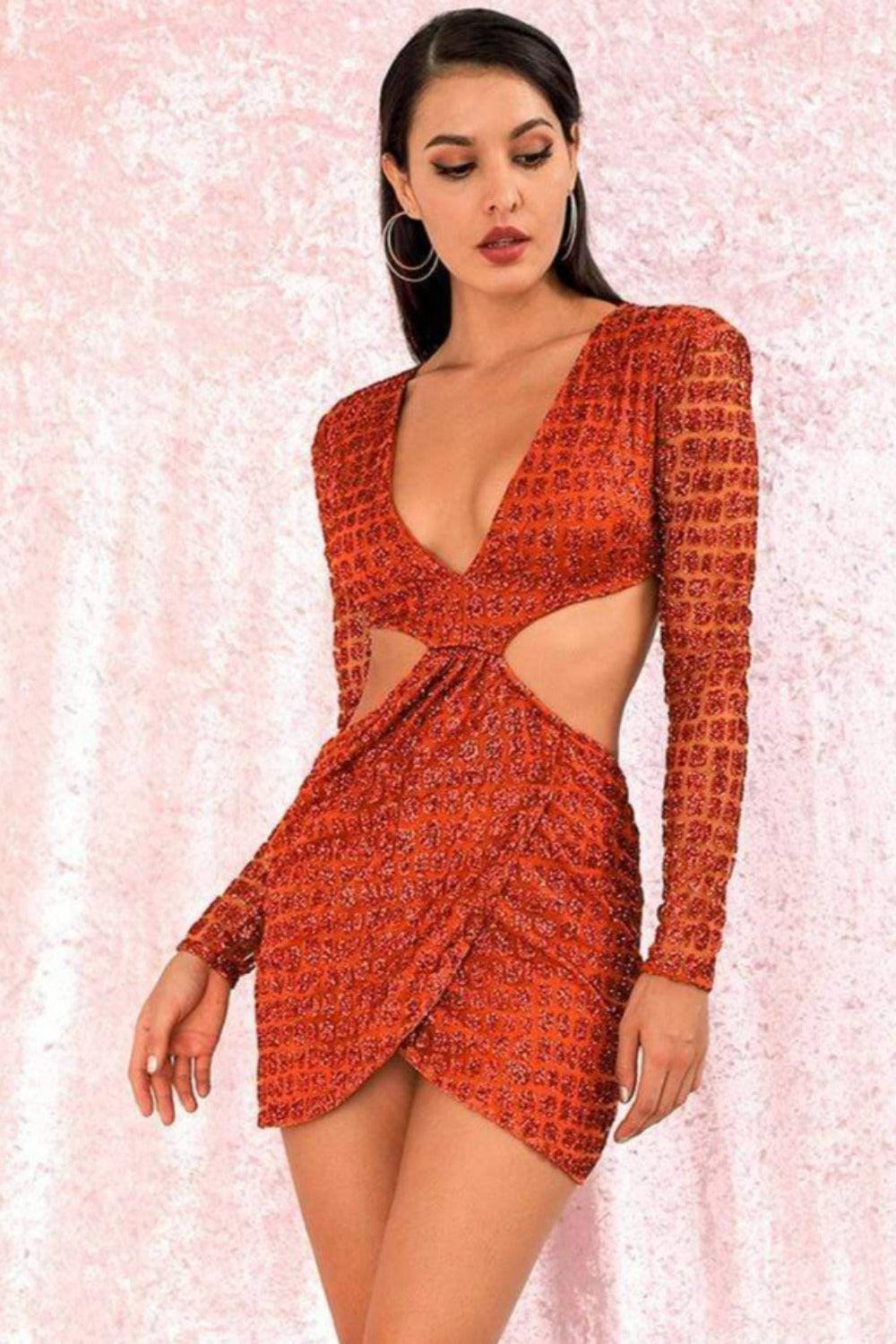 Cut Out Glitter Slim Fit Mini Dress - Orange - TGC Boutique - Mini Dress