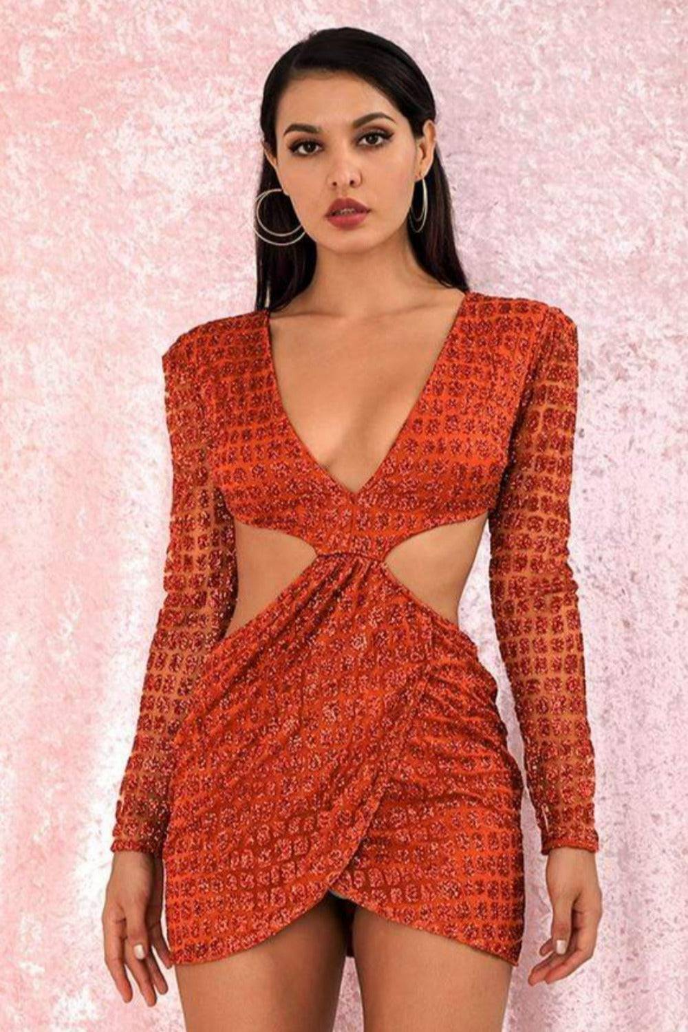 Cut Out Glitter Slim Fit Mini Dress - Orange - TGC Boutique - Mini Dress