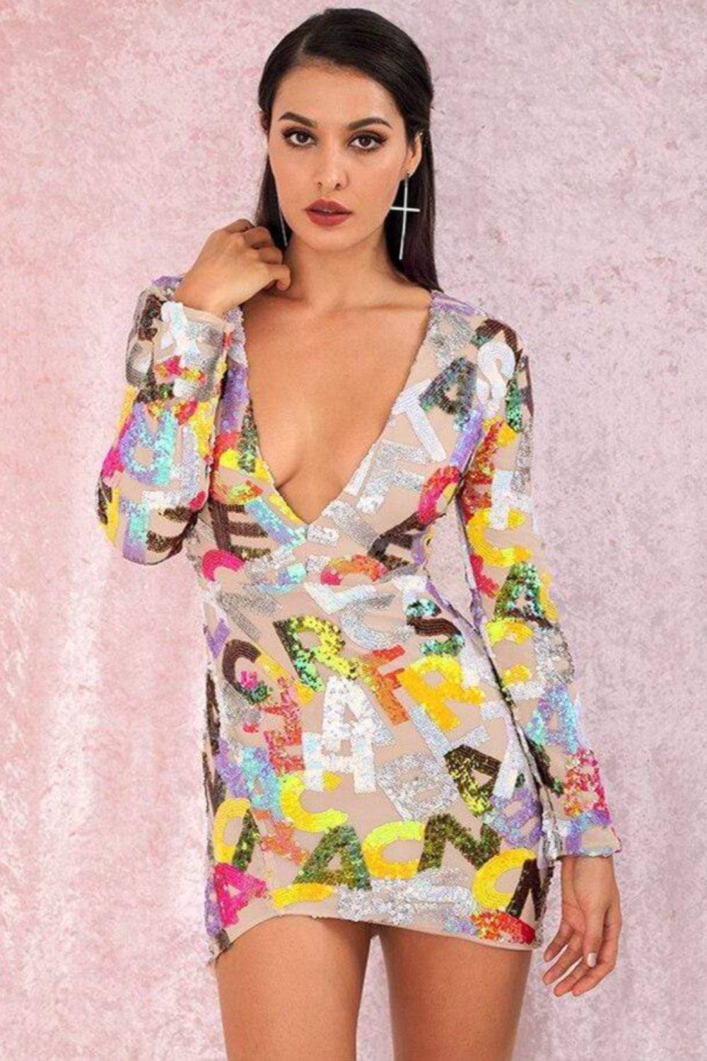 Cut Out Letter Sequins Bodycon Mini Dress - TGC Boutique - Bodycon Dress