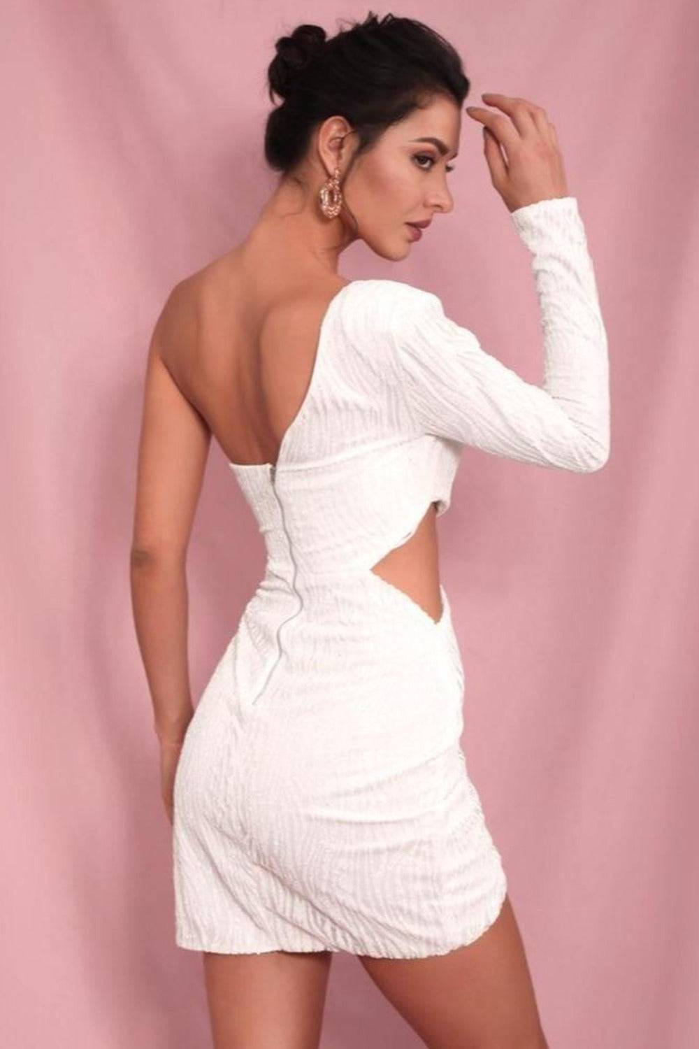 Cut Out Off The Shoulder Glitter Sequin Bodycon Mini Dress - White - TGC Boutique - Bodycon Dress