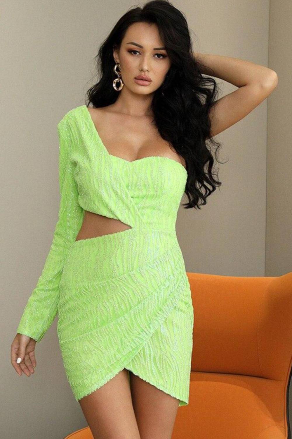 Cut Out Single Sleeve Glitter Beads Bodycon Dress - Light Green - TGC Boutique - Mini Dress