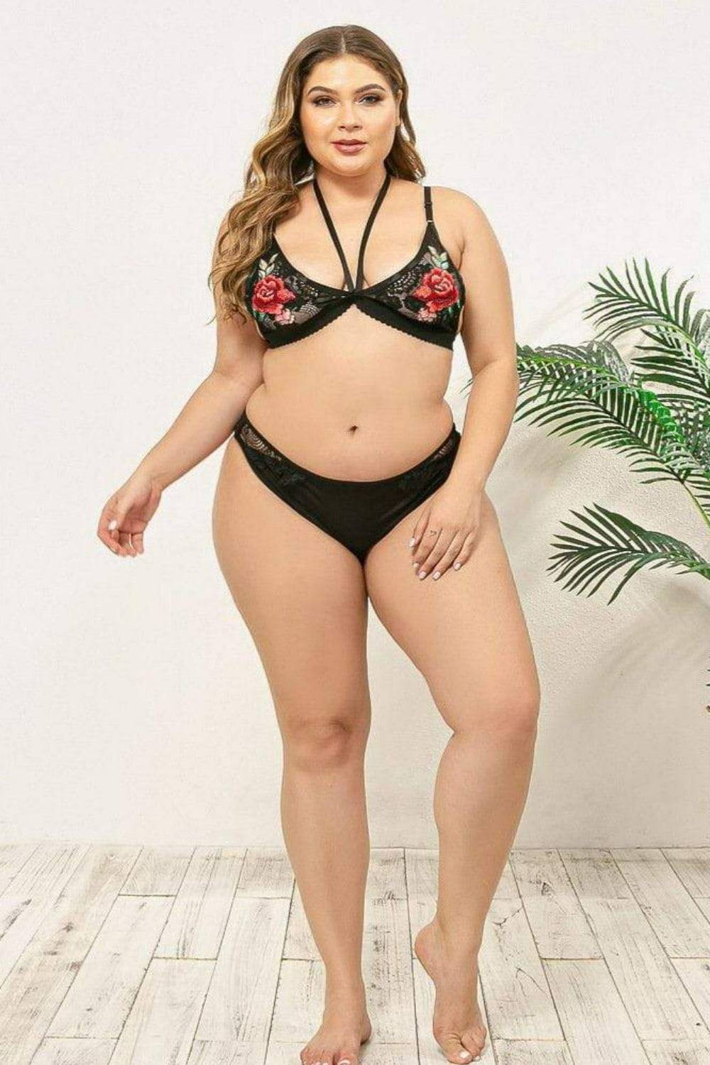 Desert Rose Plus Size Bra Underwear Lingerie Set - TGC Boutique - Black Lingerie