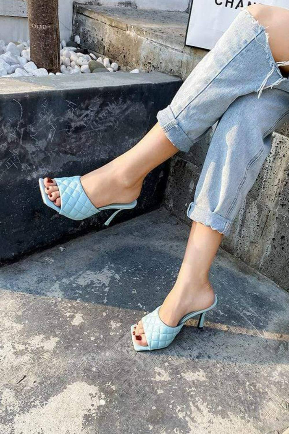 Diamond Peep Toe High Heel Braided Weave Slipper Sandals - Blue - TGC Boutique - shoes