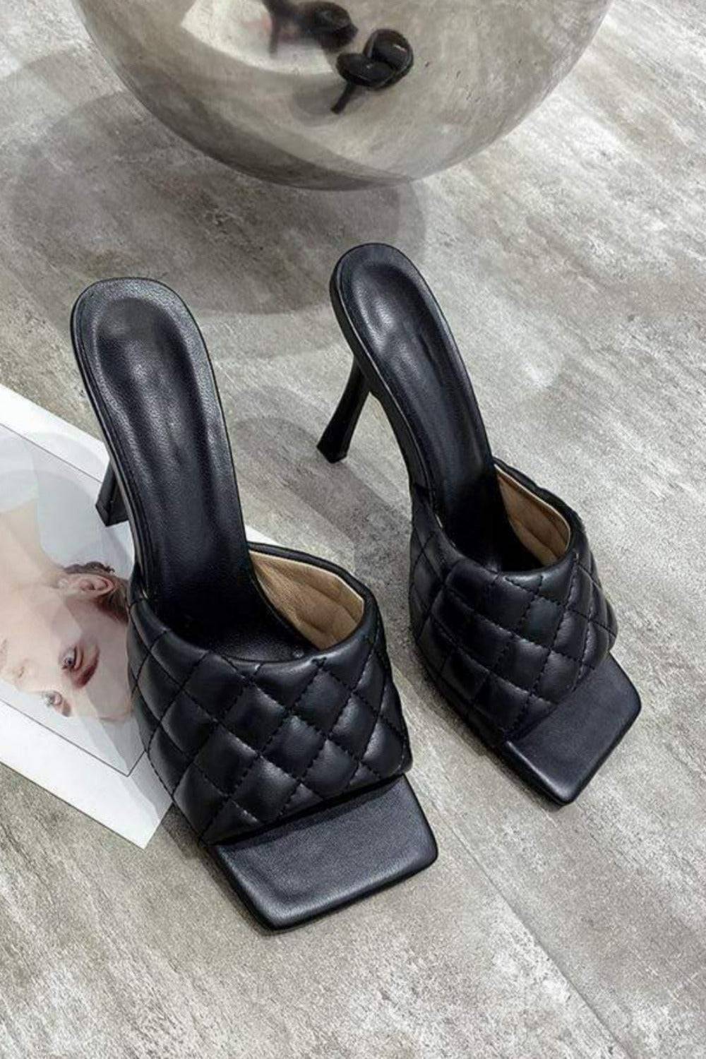 Diamond Peep Toe High Heel Slipper Sandals - Black - TGC Boutique - Black Shoes