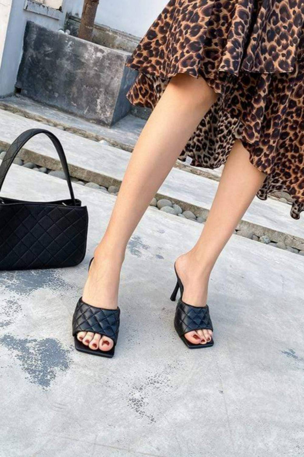 Diamond Peep Toe High Heel Slipper Sandals - Black - TGC Boutique - Black Shoes