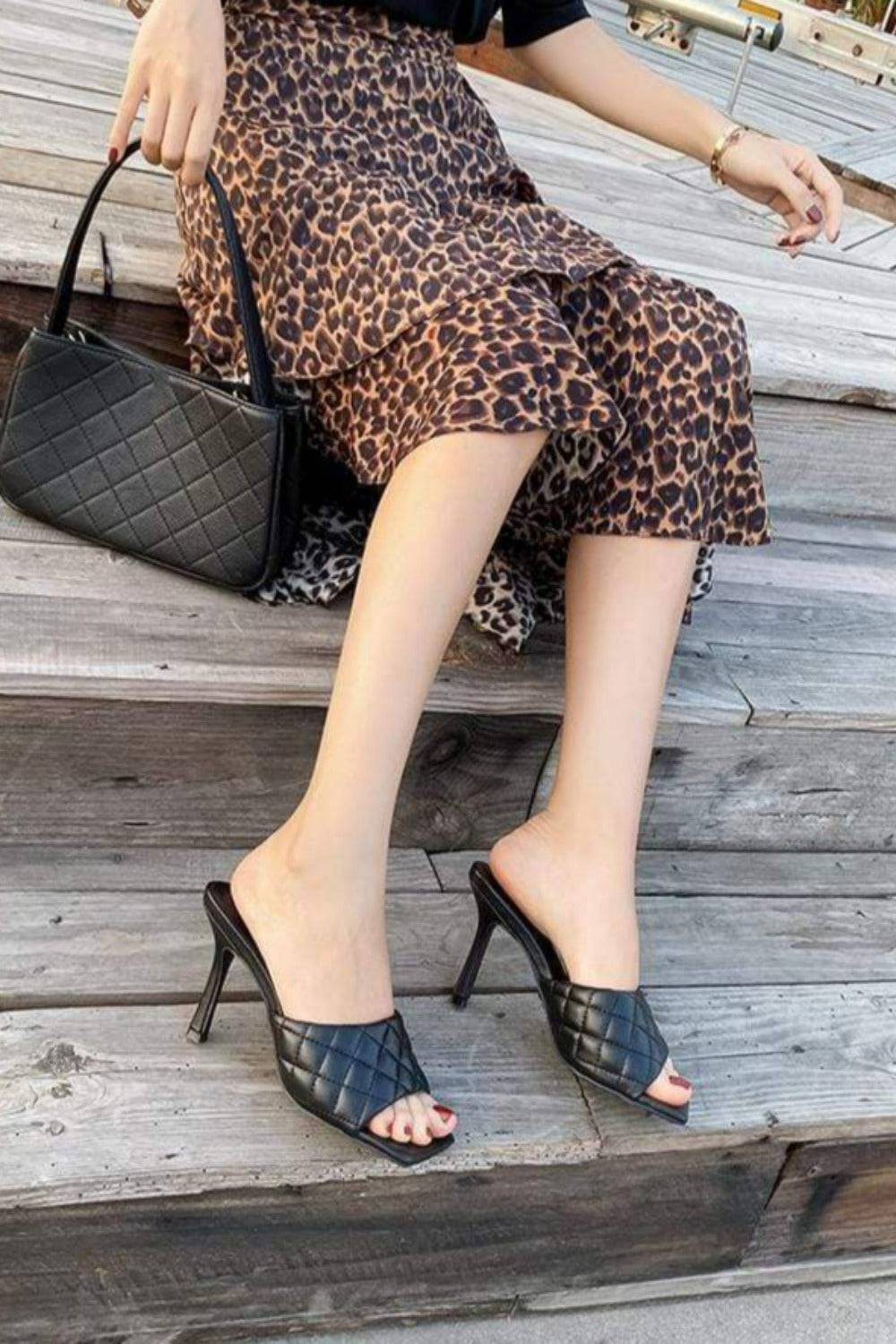 Diamond Peep Toe High Heel Slipper Sandals - Black - TGC Boutique - Black Shoes