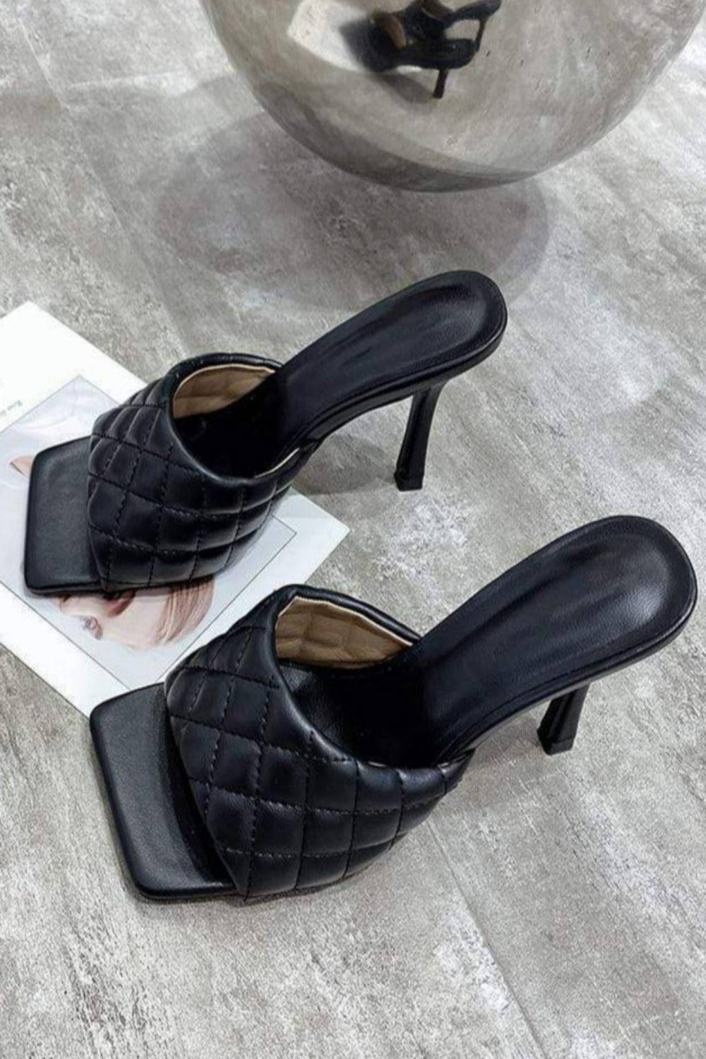 Diamond Peep Toe High Heel Slipper Sandals - Black - TGC Boutique - Black Shoes