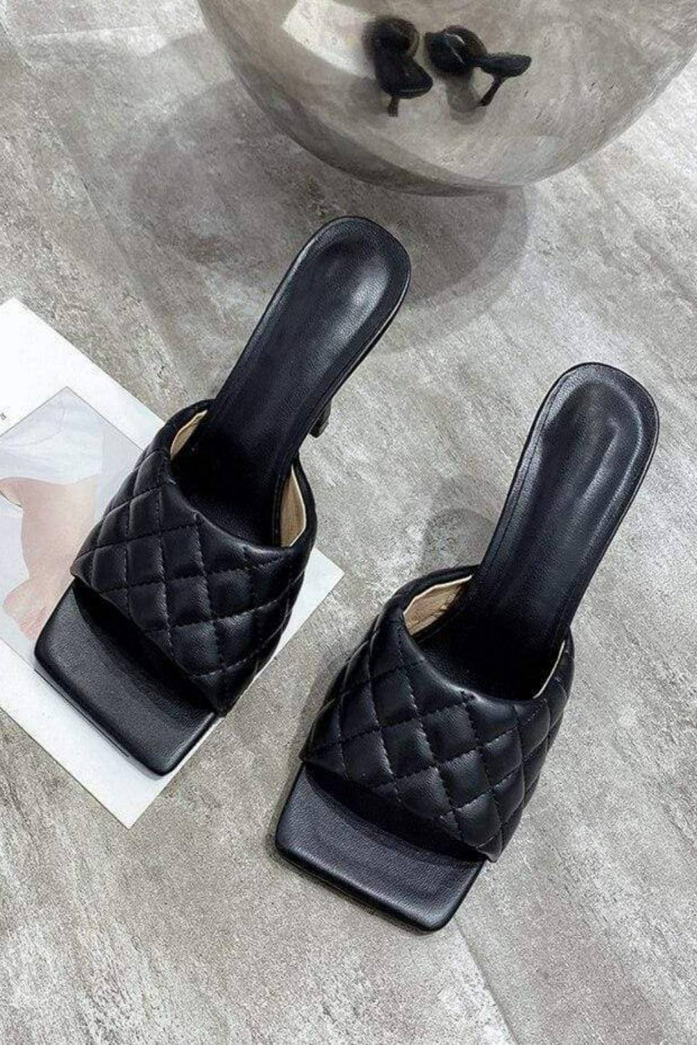 Diamond Peep Toe High Heel Slipper Sandals - Black - TGC Boutique - Black Shoes