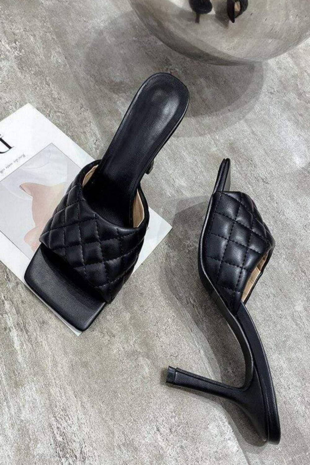 Diamond Peep Toe High Heel Slipper Sandals - Black - TGC Boutique - Black Shoes