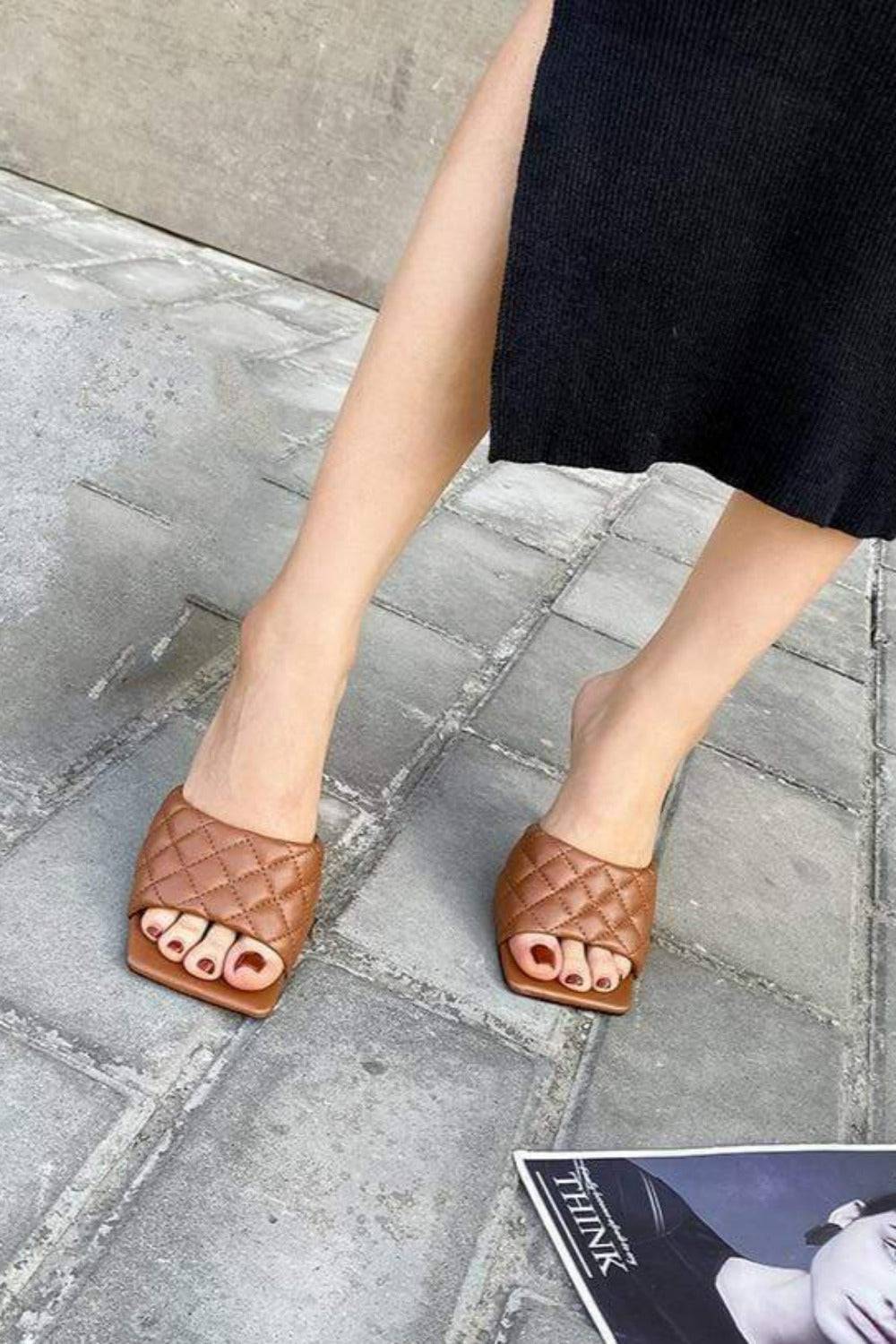 Diamond Peep Toe High Heel Slipper Sandals - Brown - TGC Boutique - Brown Shoes