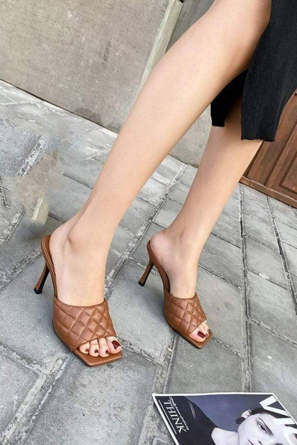 Diamond Peep Toe High Heel Slipper Sandals - Brown - TGC Boutique - Brown Shoes