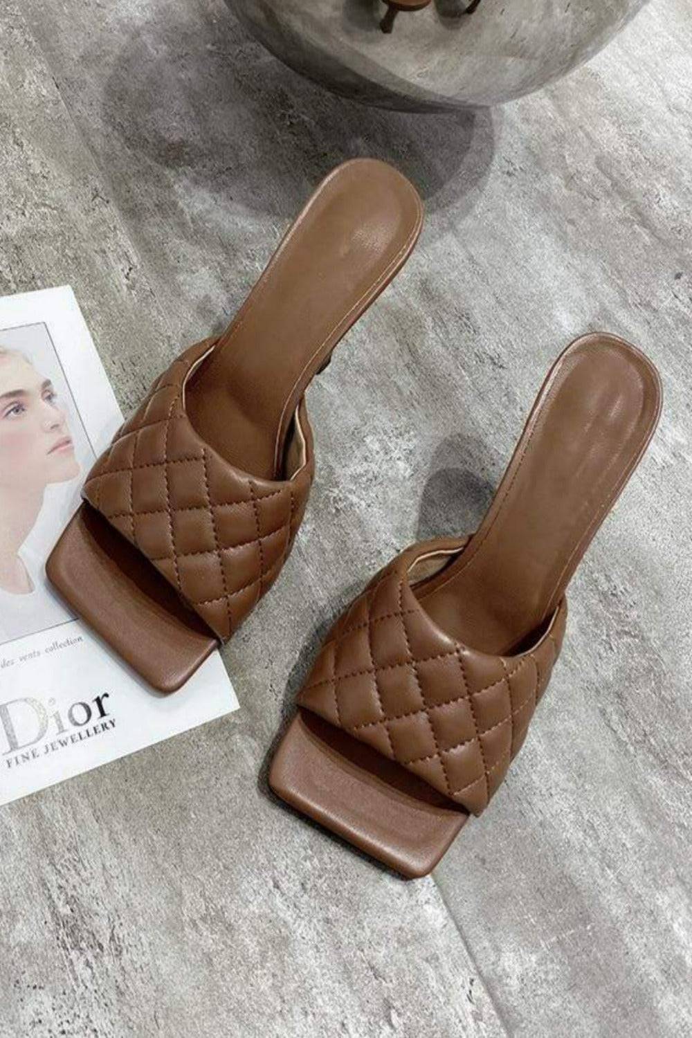 Diamond Peep Toe High Heel Slipper Sandals - Brown - TGC Boutique - Brown Shoes