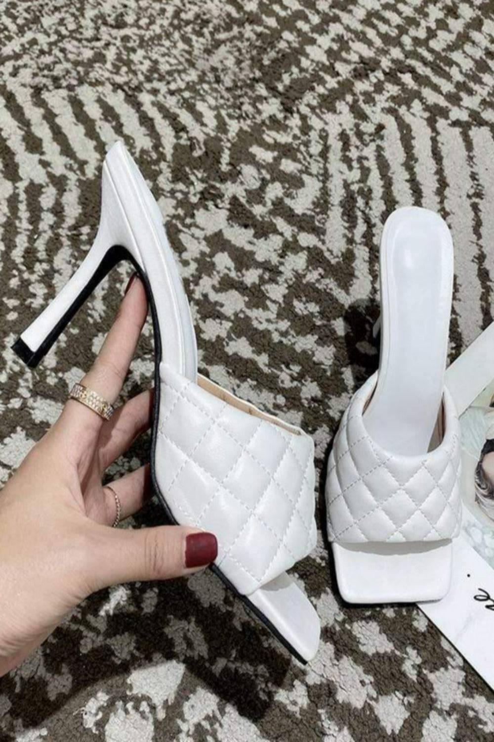 Diamond Peep Toe High Heel Slipper Sandals - White - TGC Boutique - White Shoes