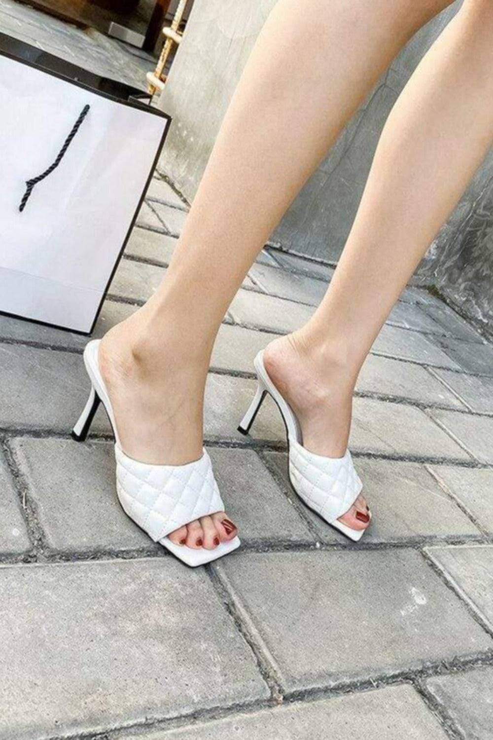 Diamond Peep Toe High Heel Slipper Sandals - White - TGC Boutique - White Shoes