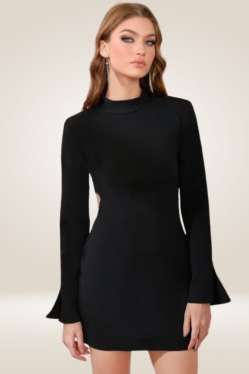 Eclipse Elegance Flair Sleeve Black Mini Dress - TGC Boutique - Bodycon Dress
