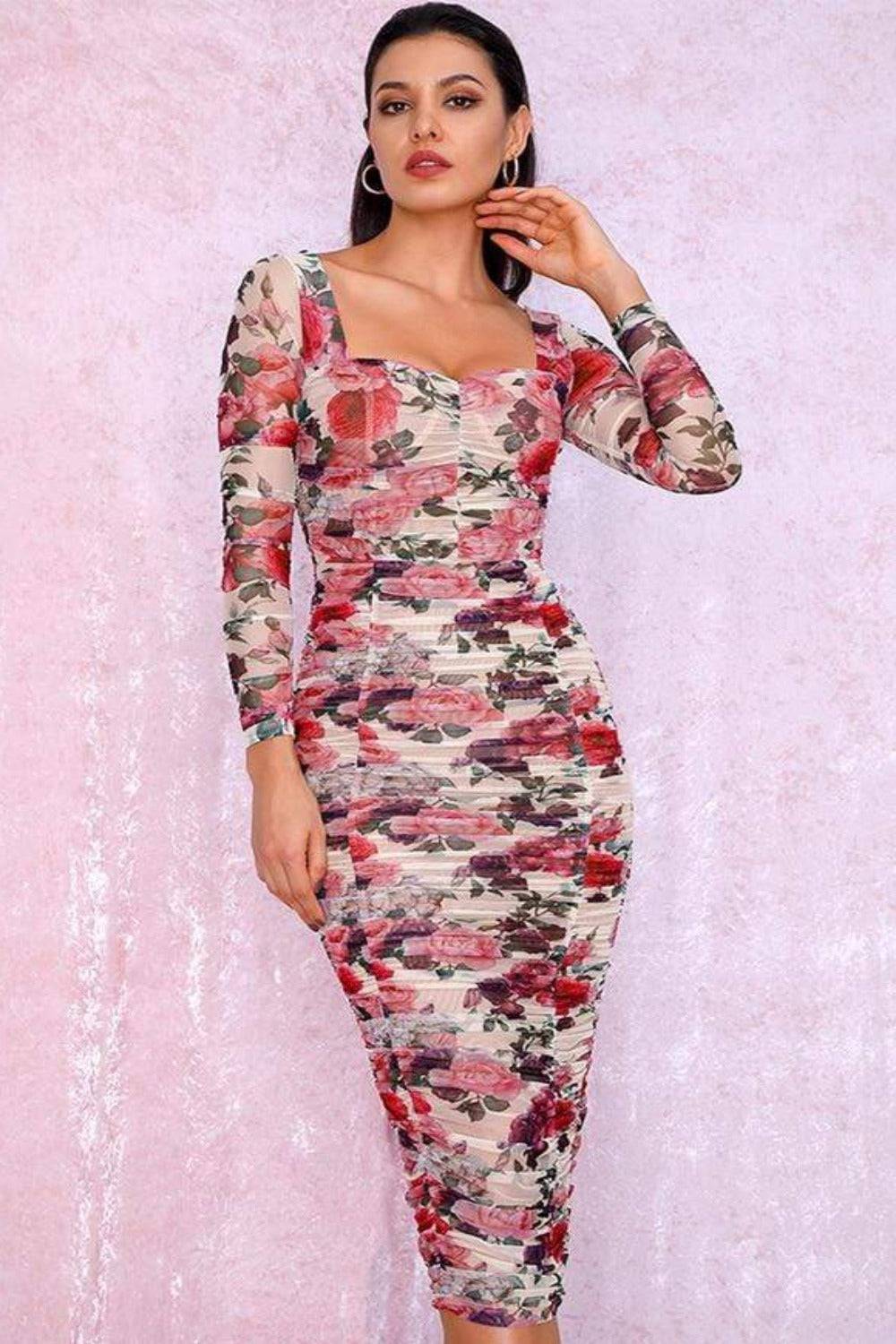 Elastic Floral Print Mesh Bodycon Midi Dress - TGC Boutique - Bodycon Dress
