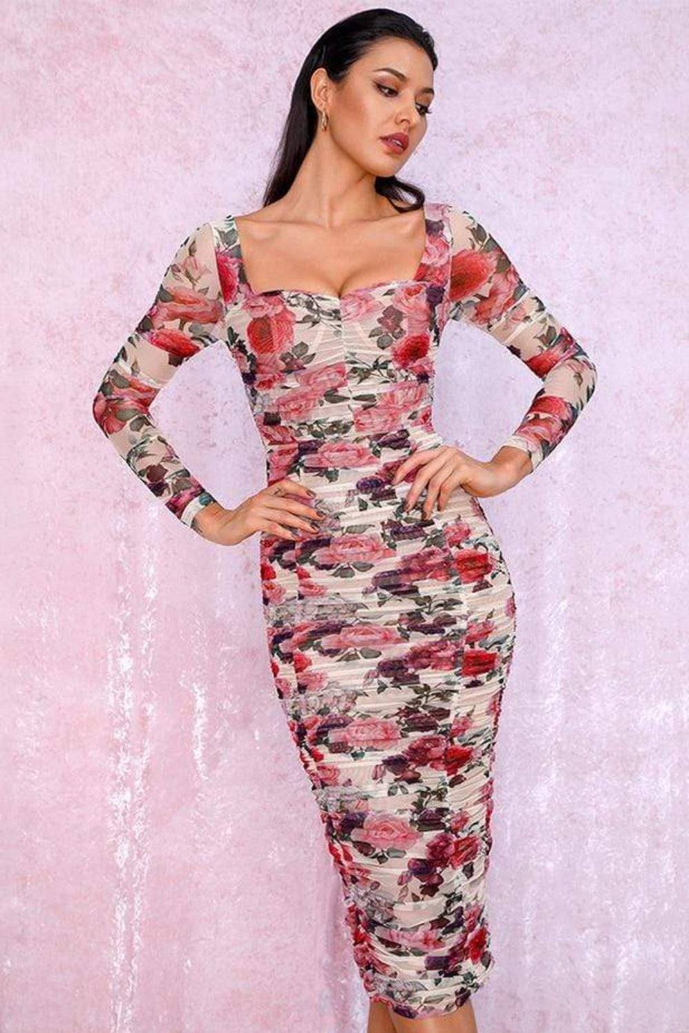 Elastic Floral Print Mesh Bodycon Midi Dress - TGC Boutique - Bodycon Dress