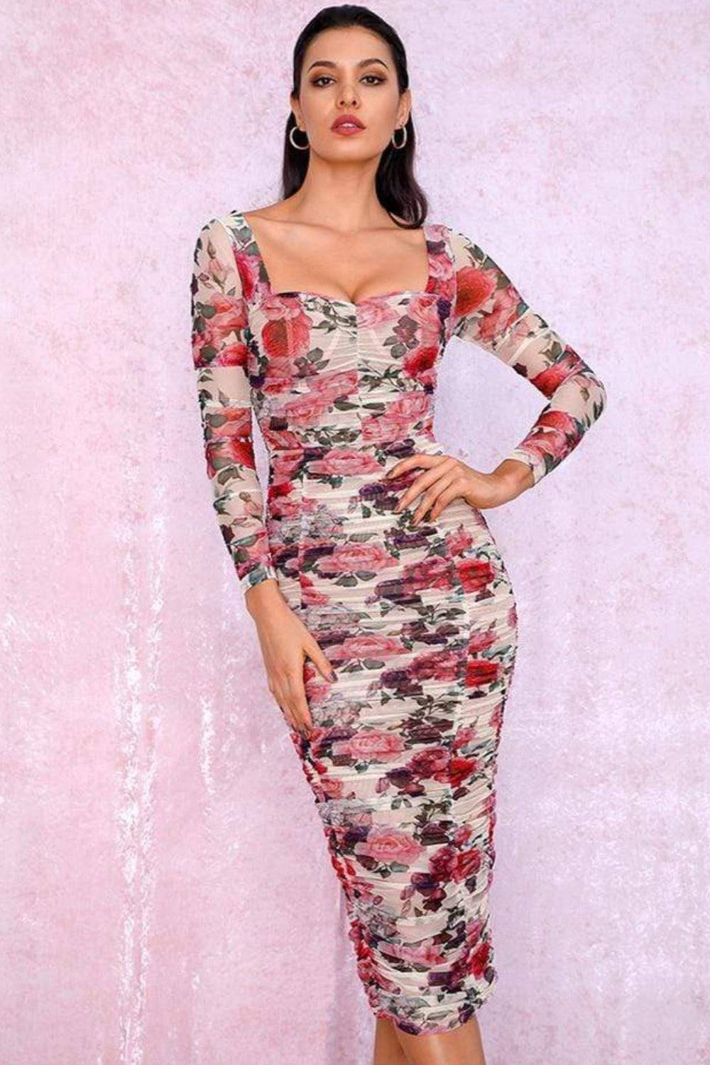 Elastic Floral Print Mesh Bodycon Midi Dress - TGC Boutique - Bodycon Dress