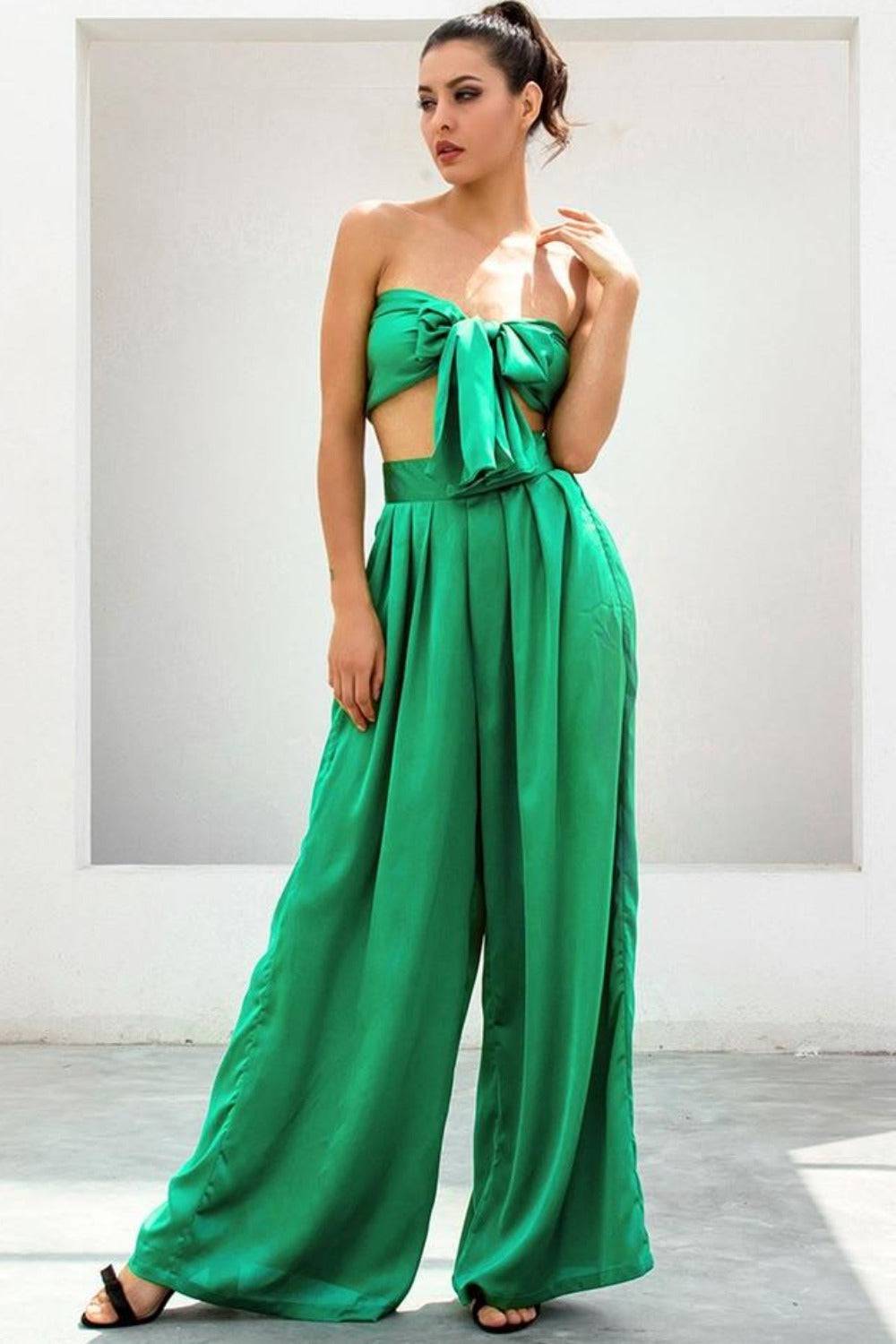 Emerald Green Strapless Wide Leg Pants Jumpsuit Set - TGC Boutique - 2 Piece Set