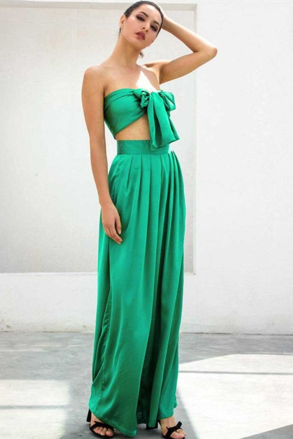 Emerald Green Strapless Wide Leg Pants Jumpsuit Set - TGC Boutique - 2 Piece Set