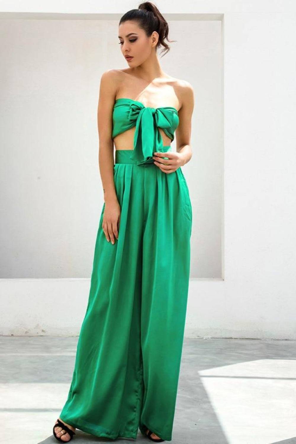 Emerald Green Strapless Wide Leg Pants Jumpsuit Set - TGC Boutique - 2 Piece Set