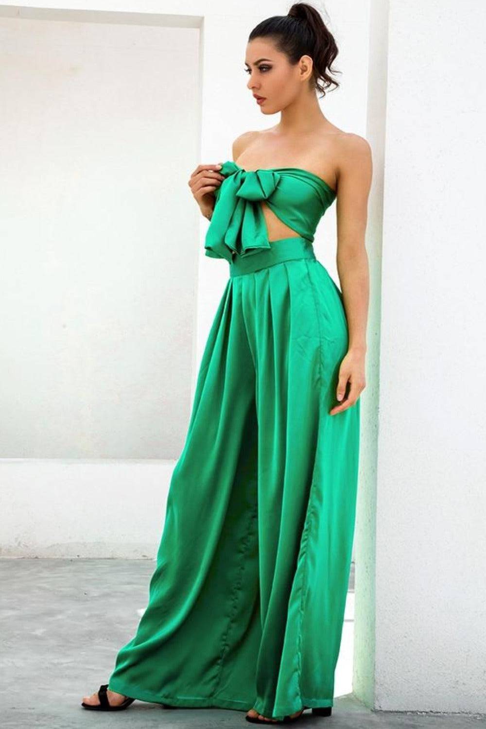 Emerald Green Strapless Wide Leg Pants Jumpsuit Set - TGC Boutique - 2 Piece Set