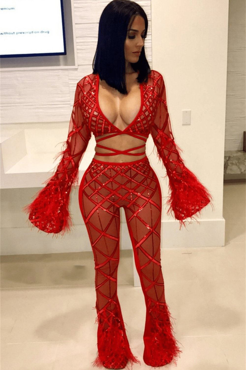 Feather Long Sleeve 2 Piece Red Jumpsuit Set - TGC Boutique - 2 Piece Set