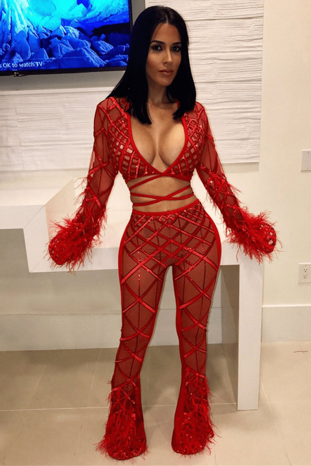 Feather Long Sleeve 2 Piece Red Jumpsuit Set - TGC Boutique - 2 Piece Set