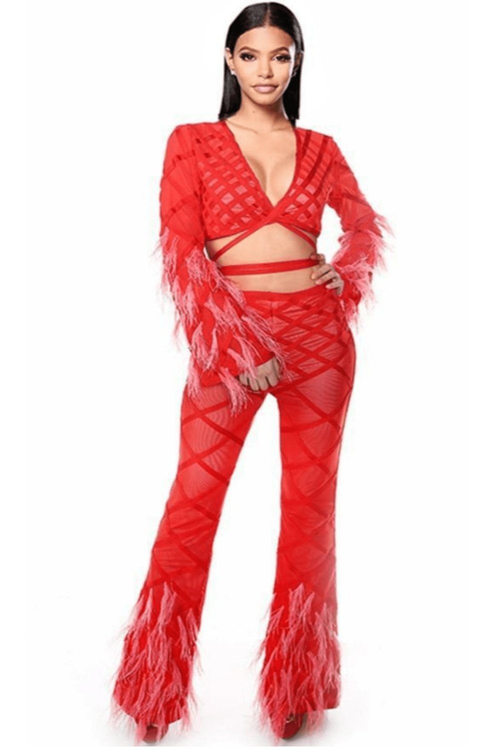 Feather Long Sleeve 2 Piece Red Jumpsuit Set - TGC Boutique - 2 Piece Set