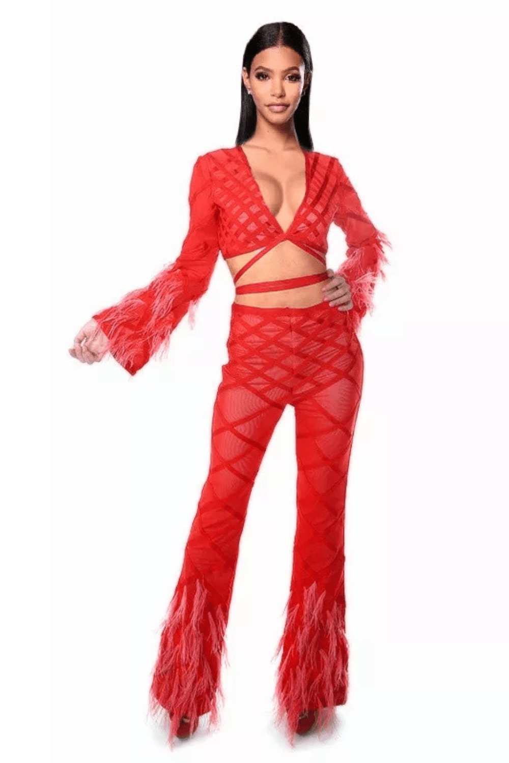 Feather Long Sleeve 2 Piece Red Jumpsuit Set - TGC Boutique - 2 Piece Set