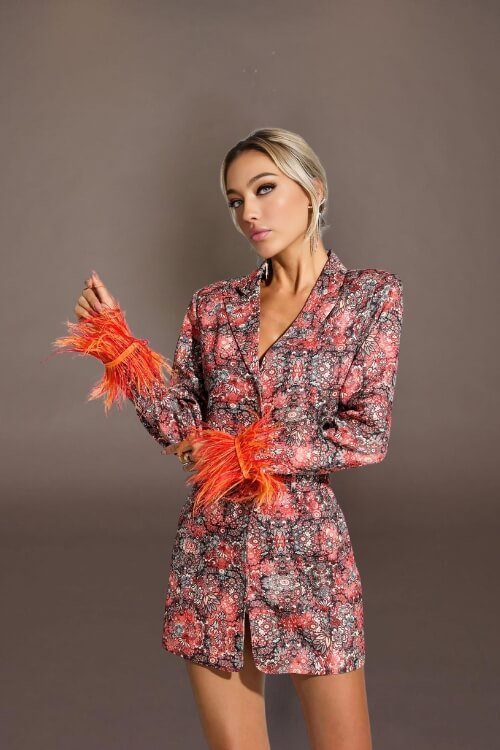Fiery Feather-Trim Floral Blazer Dress - TGC Boutique - Blazer Dress